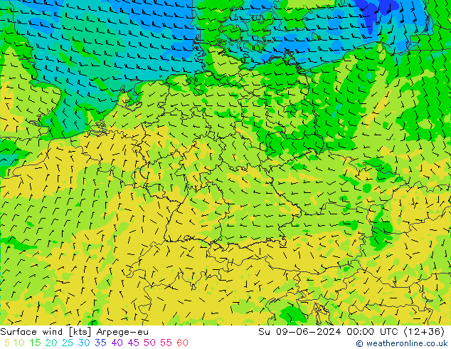 Vento 10 m Arpege-eu dom 09.06.2024 00 UTC