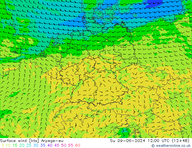 Viento 10 m Arpege-eu dom 09.06.2024 12 UTC