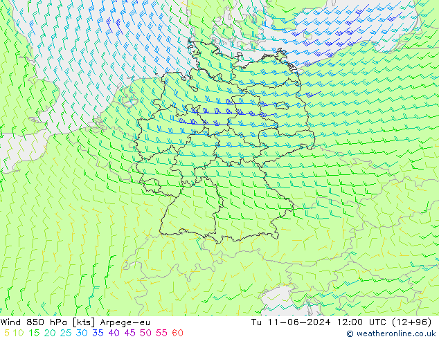 Wind 850 hPa Arpege-eu Út 11.06.2024 12 UTC