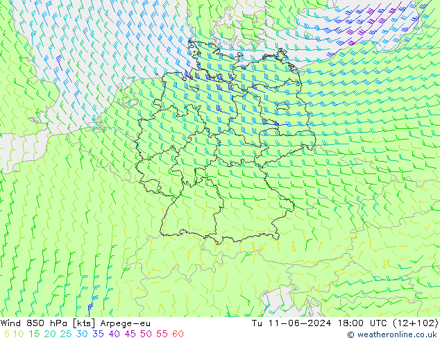 Wind 850 hPa Arpege-eu di 11.06.2024 18 UTC