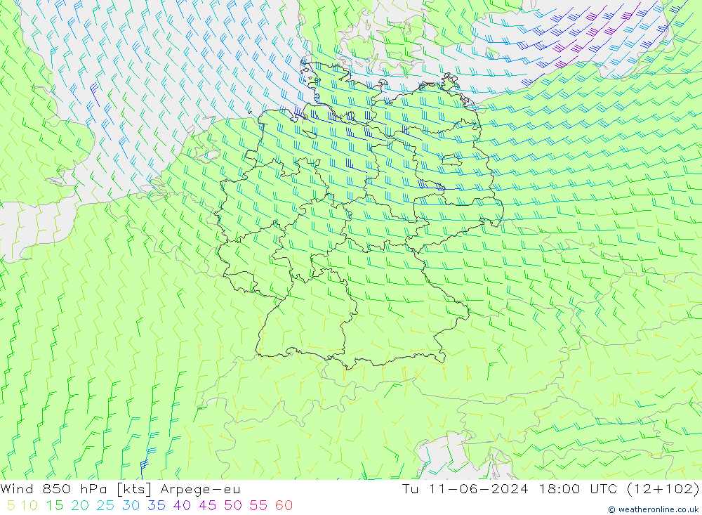 Wind 850 hPa Arpege-eu Tu 11.06.2024 18 UTC
