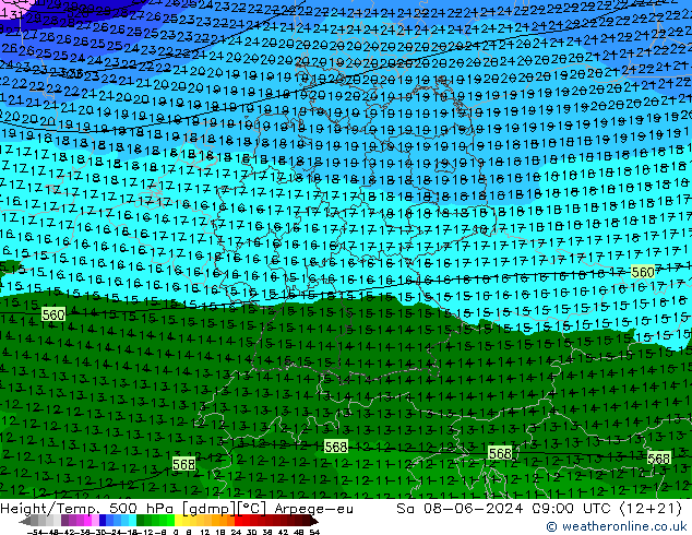 Hoogte/Temp. 500 hPa Arpege-eu za 08.06.2024 09 UTC