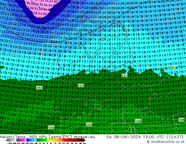 Height/Temp. 500 hPa Arpege-eu Sa 08.06.2024 15 UTC