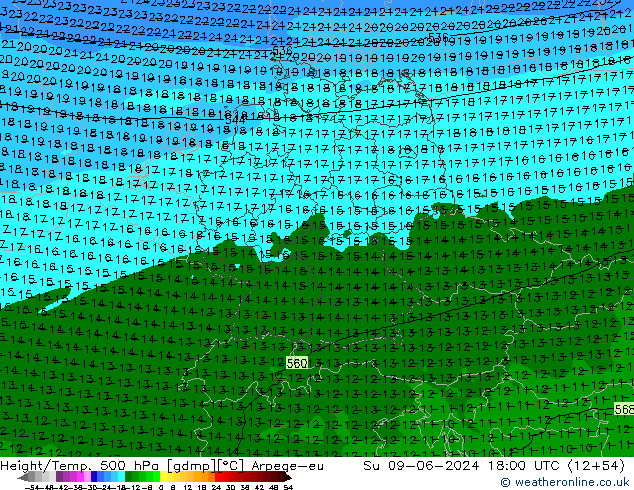 Hoogte/Temp. 500 hPa Arpege-eu zo 09.06.2024 18 UTC