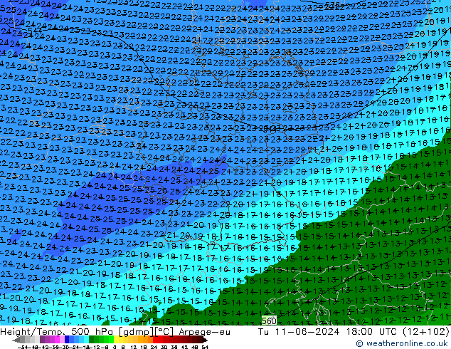 Height/Temp. 500 hPa Arpege-eu Tu 11.06.2024 18 UTC