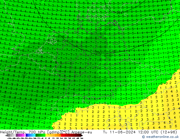 Hoogte/Temp. 700 hPa Arpege-eu di 11.06.2024 12 UTC