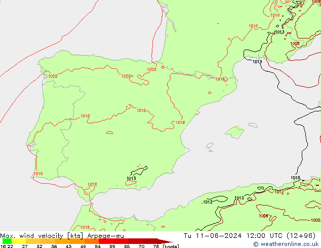 Max. wind velocity Arpege-eu Tu 11.06.2024 12 UTC