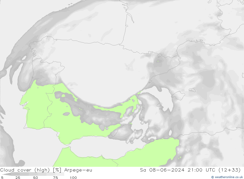 Cloud cover (high) Arpege-eu Sa 08.06.2024 21 UTC