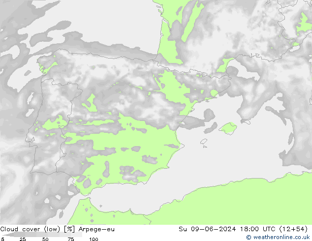 Cloud cover (low) Arpege-eu Su 09.06.2024 18 UTC