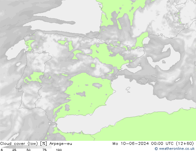 Cloud cover (low) Arpege-eu Mo 10.06.2024 00 UTC