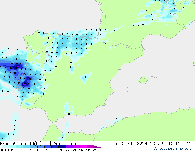 Precipitazione (6h) Arpege-eu sab 08.06.2024 00 UTC