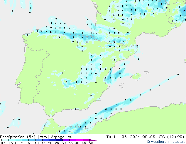 Precipitation (6h) Arpege-eu Út 11.06.2024 06 UTC