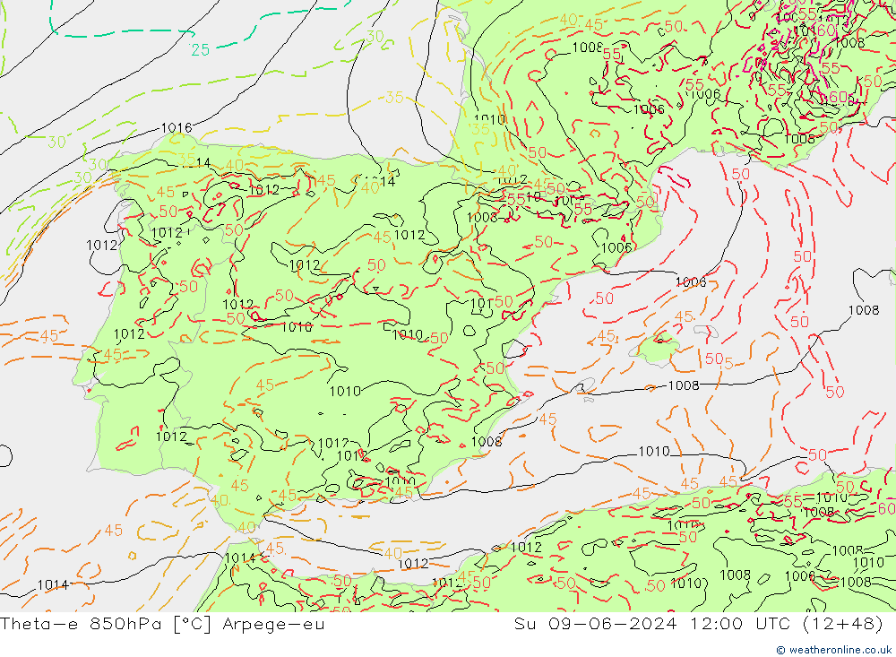 Theta-e 850hPa Arpege-eu Su 09.06.2024 12 UTC