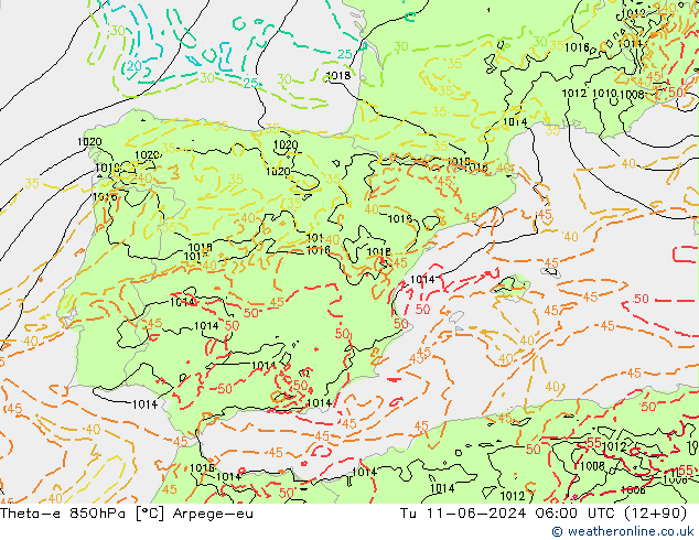 Theta-e 850hPa Arpege-eu Tu 11.06.2024 06 UTC