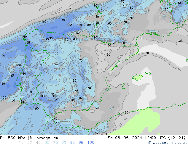 RH 850 hPa Arpege-eu sab 08.06.2024 12 UTC