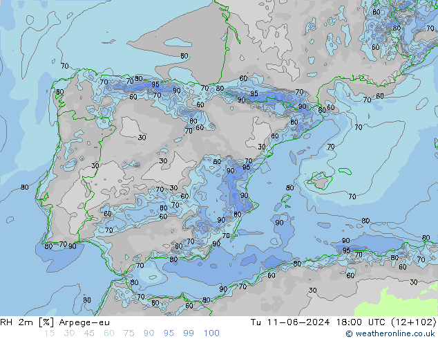 Humidité rel. 2m Arpege-eu mar 11.06.2024 18 UTC