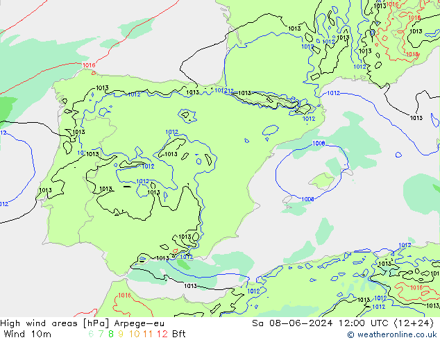 High wind areas Arpege-eu Sáb 08.06.2024 12 UTC