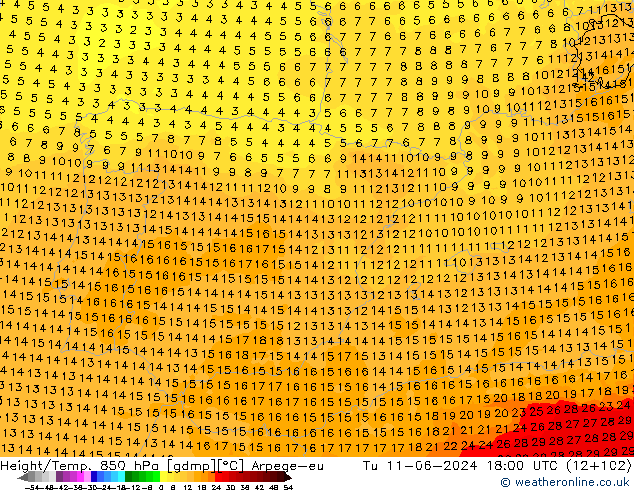 Height/Temp. 850 hPa Arpege-eu Tu 11.06.2024 18 UTC