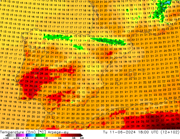 Temperatuurkaart (2m) Arpege-eu di 11.06.2024 18 UTC