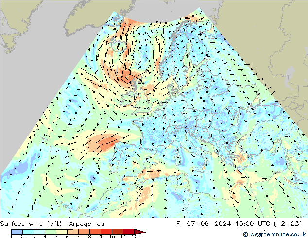 Bodenwind (bft) Arpege-eu Fr 07.06.2024 15 UTC