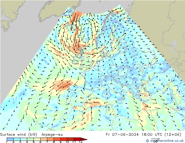 Surface wind (bft) Arpege-eu Fr 07.06.2024 18 UTC