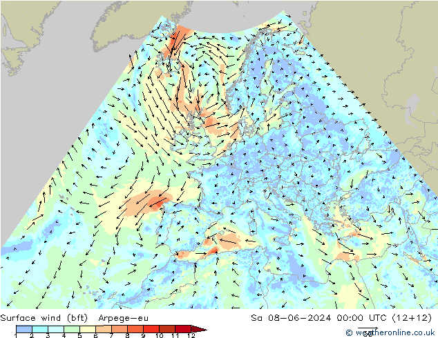 Surface wind (bft) Arpege-eu Sa 08.06.2024 00 UTC