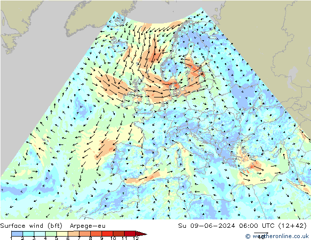 Surface wind (bft) Arpege-eu Su 09.06.2024 06 UTC