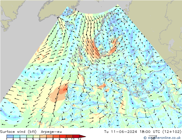 Viento 10 m (bft) Arpege-eu mar 11.06.2024 18 UTC