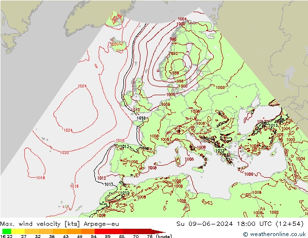 Max. wind velocity Arpege-eu Ne 09.06.2024 18 UTC