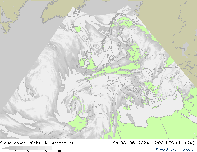 Cloud cover (high) Arpege-eu Sa 08.06.2024 12 UTC