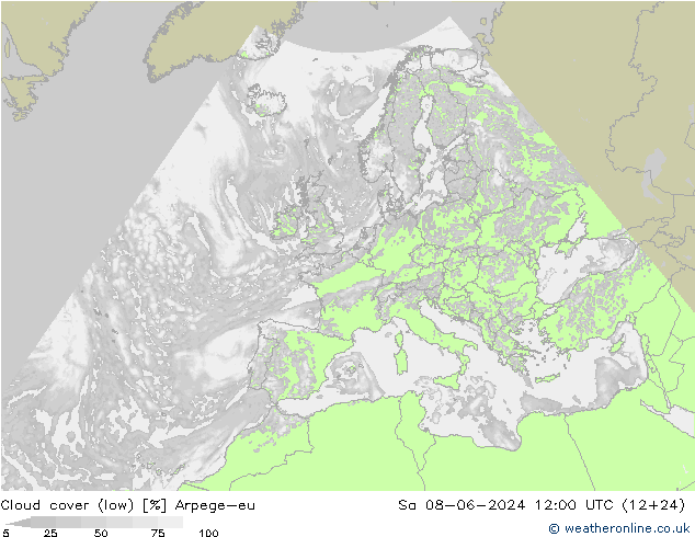 Cloud cover (low) Arpege-eu Sa 08.06.2024 12 UTC