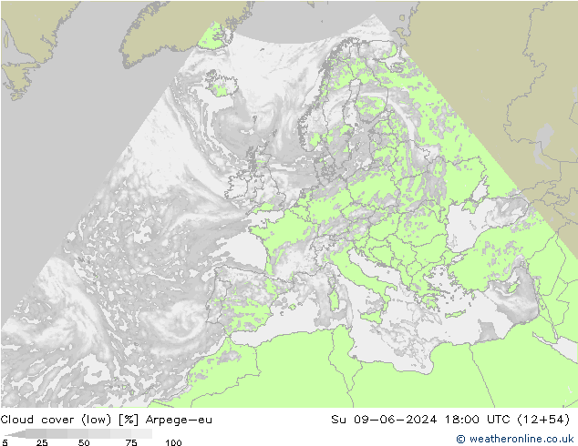 Cloud cover (low) Arpege-eu Su 09.06.2024 18 UTC