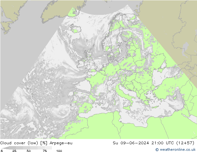 Cloud cover (low) Arpege-eu Su 09.06.2024 21 UTC