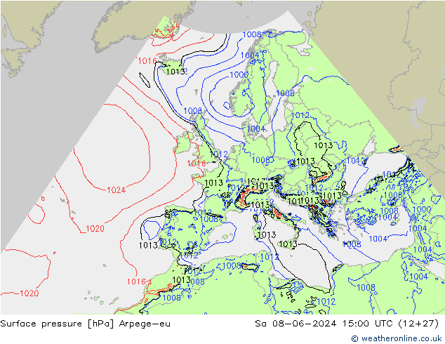 Presión superficial Arpege-eu sáb 08.06.2024 15 UTC