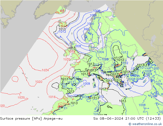 Atmosférický tlak Arpege-eu So 08.06.2024 21 UTC