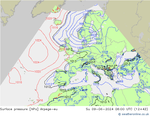 Surface pressure Arpege-eu Su 09.06.2024 06 UTC