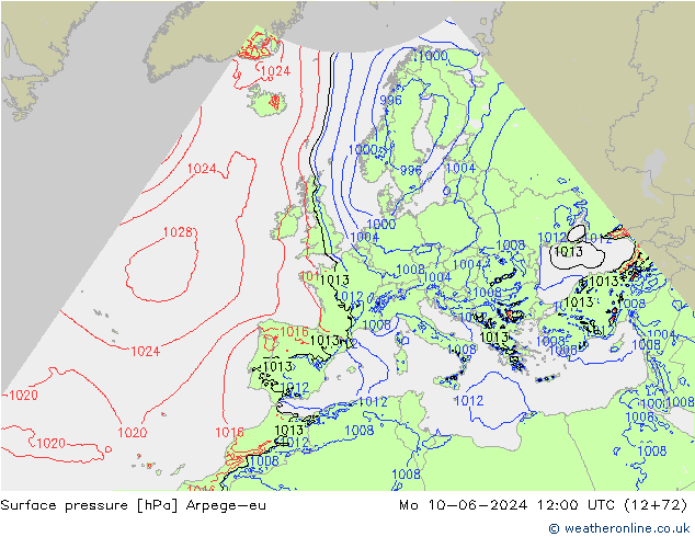 Surface pressure Arpege-eu Mo 10.06.2024 12 UTC