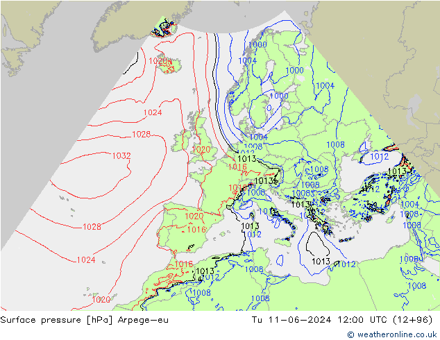 Surface pressure Arpege-eu Tu 11.06.2024 12 UTC