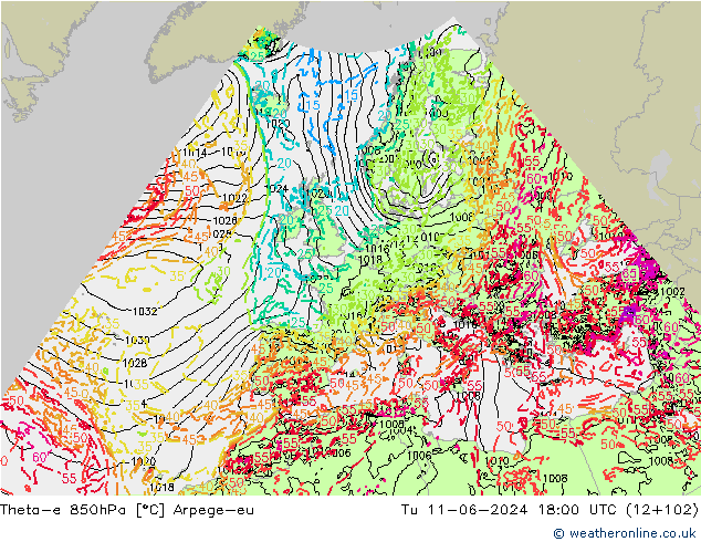 Theta-e 850hPa Arpege-eu Tu 11.06.2024 18 UTC