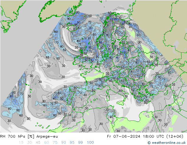 RH 700 hPa Arpege-eu 星期五 07.06.2024 18 UTC