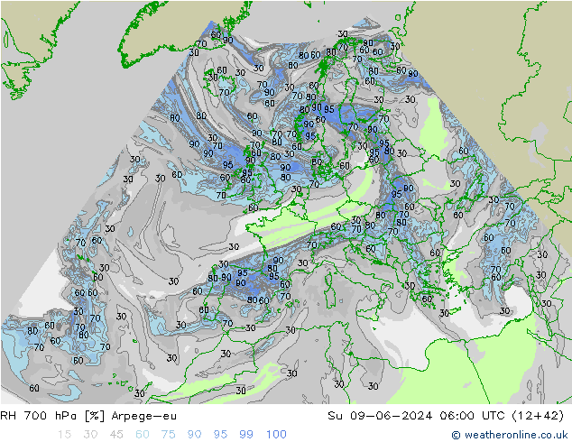 RH 700 hPa Arpege-eu So 09.06.2024 06 UTC