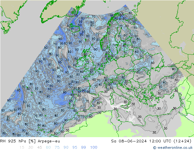 RH 925 hPa Arpege-eu Sa 08.06.2024 12 UTC