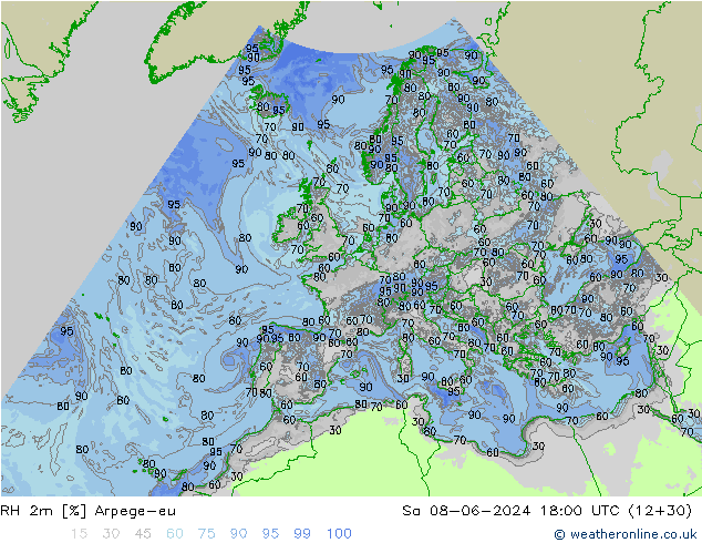 RH 2m Arpege-eu Sa 08.06.2024 18 UTC