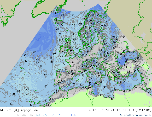 RH 2m Arpege-eu mar 11.06.2024 18 UTC