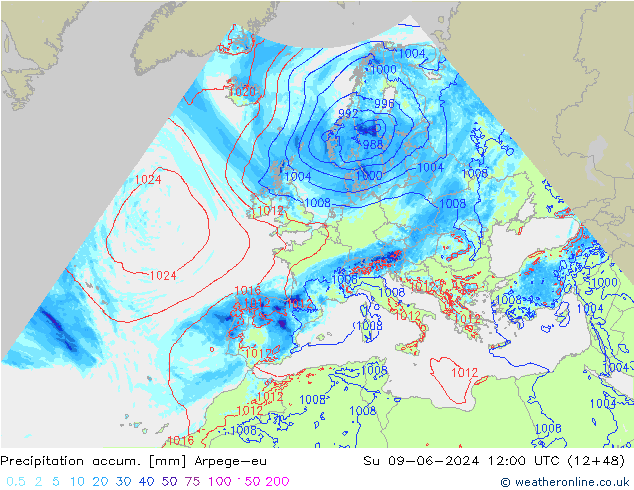 Precipitation accum. Arpege-eu Ne 09.06.2024 12 UTC