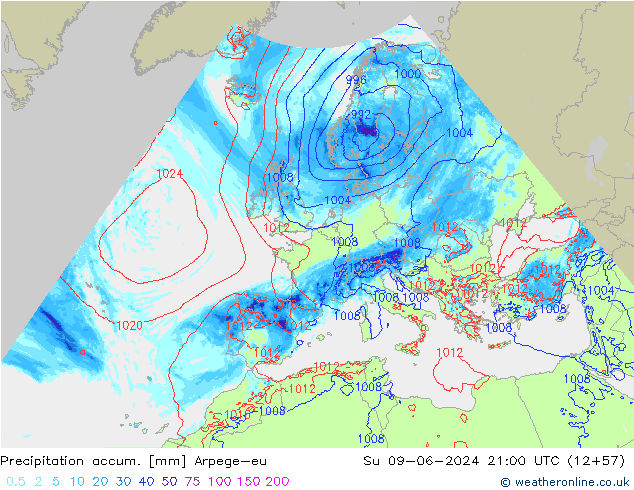 Precipitation accum. Arpege-eu Вс 09.06.2024 21 UTC