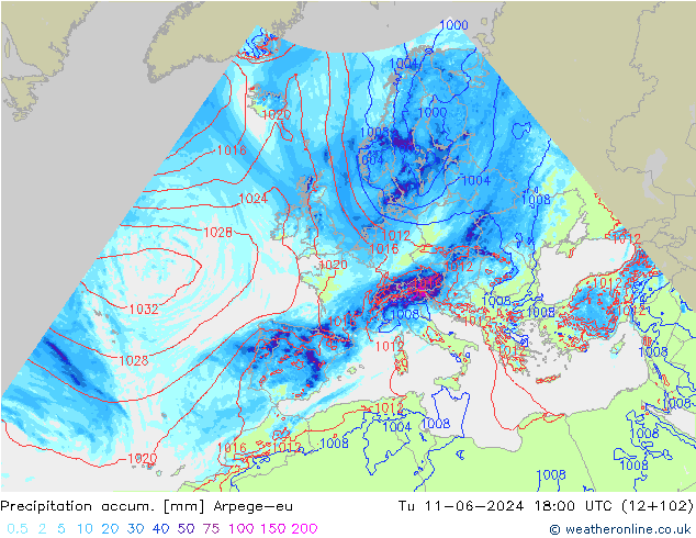 Precipitation accum. Arpege-eu Tu 11.06.2024 18 UTC