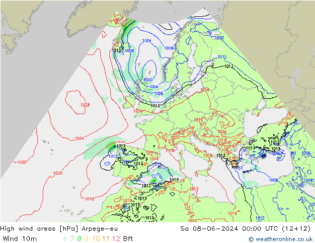 High wind areas Arpege-eu sam 08.06.2024 00 UTC
