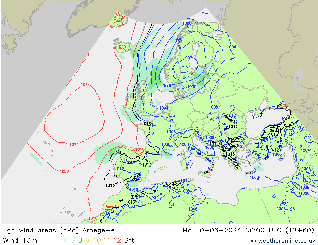 High wind areas Arpege-eu пн 10.06.2024 00 UTC