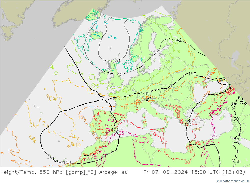 Hoogte/Temp. 850 hPa Arpege-eu vr 07.06.2024 15 UTC